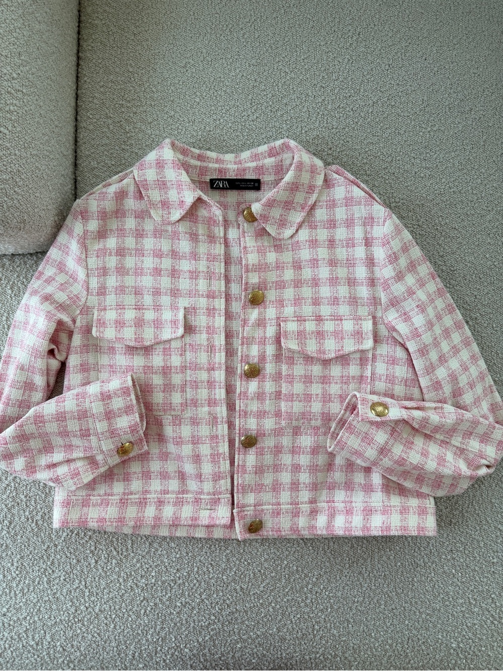 Zara Pink Check Tweed Jacket - Large